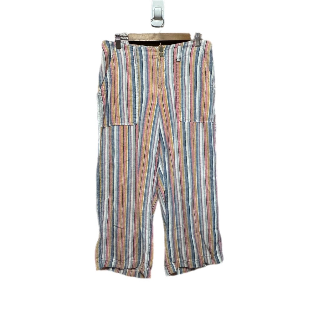Seven7 Wide Leg Pants Women 6 Multicolor Striped Linen Blend High Rise Excellent